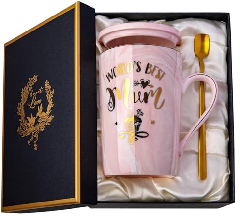 Doublewhale Mum Birthday Gifts, World's Best Mum Coffee Mug, Gifts for Mum from Daughter Son, 14OZ Ceramic Coffee Cup Mum Gifts with Exquisite Box, Golden Spoon, Greeting Card