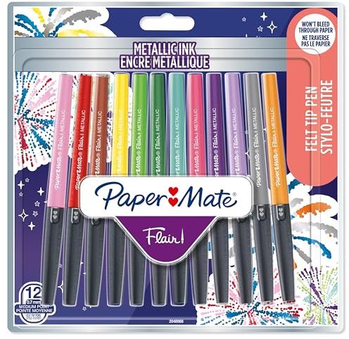 Paper Mate Flair Stifte | Metallic-Filzstifte | mittlere Spitze (0,7 mm) | glitzernde Tinte glänzt auf weißem Papier | farblich sortiert | 12 Stück