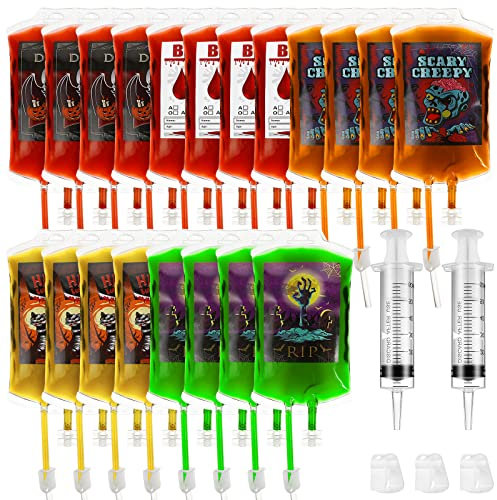 20Stück Halloween Blutbeutel für Getränke: 250 ml Wiederverwendbare Halloween Blutbeutel Trinkbeutel Getränkebeutel, Saftbehälter, IV-Beutel-Set mit Clips für Maskerade, Vampir, Zombie