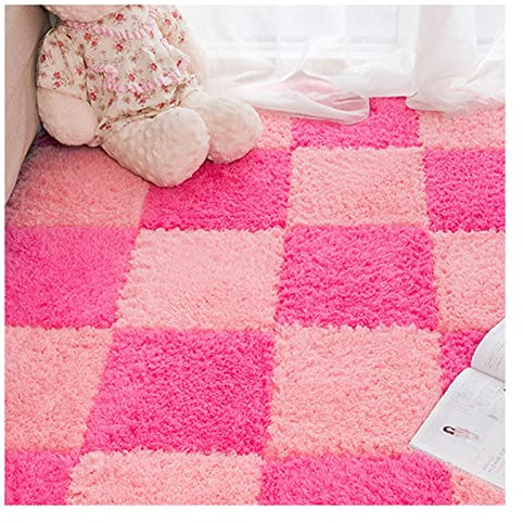 16Pcs Interlocking Foam Carpet,Shaggy Soft Foam Play Mat,Fluffy Area Rugs,Square Plush Puzzle Floor Tiles,Crawling Mats for Living Room Bedroom,12X12inch,Pink+Rose Red