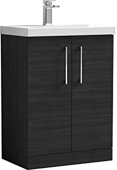 nuie ARN603A Arno Modern Bathroom Floor Standing 2 Door Vanity Unit with Mid-Edge Ceramic Basin, 600mm, Woodgrain Charcoal Black
