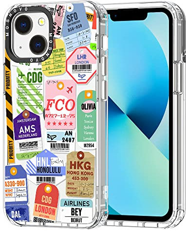 MOSNOVO für iPhone 13 Mini Hülle – Durchsichtige, schlanke, stoßfeste TPU+PC-Handyhülle, [6,6 Fuß Fallschutz/Anti-Abziehen] - Flugticket-Etiketten