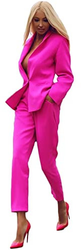 Vestito da donna 2 pezzi pantaloni tuta set slim fit ufficio signora vestito giacca set, Fucsia, XL