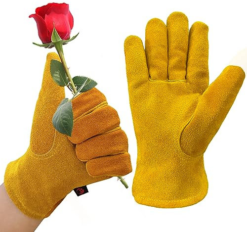 AOUCHI Leder Gartenarbeit Rindsleder Dornensichere Handschuhe mit Baumwollfutter eignen sich zum Jäten, Beschneiden und Arbeiten im Garten für Männer