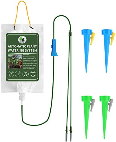 Plant Watering Devices, 1 L Drip Irrigation Bags with 4 Automatic Watering Spikes, with Adjustable Flow, Plant Feeders Drip Water Garden Gadgets Automatic Watering System