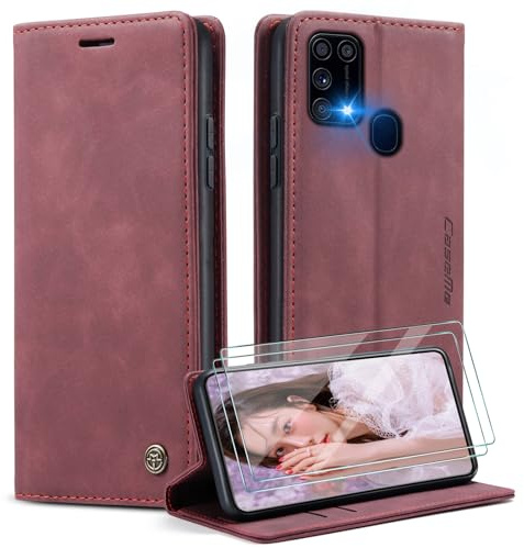 Caseme Cover per Samsung Galaxy M31 con [2 Pezzi Vetro Temperato],Flip Custodia Pelle PU Libro Portafoglio con [Slot Cart] [Supporto Stand] [Magnetica], Rosso