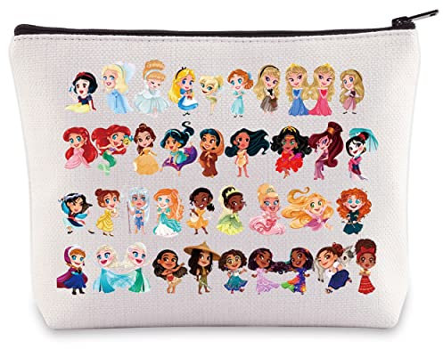 BWWKTOP Kosmetiktasche mit Teamprinzessin-Figur, Prinzessinnen-Gruppen-Fans, Geschenke Belle & Ariel & Jasmin & Tiana & Rapunzel Prinzessin Reißverschluss Beutel Tasche Prinzessin Film Merchandise,
