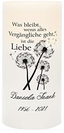 Herz & Heim® LED Kerze als Trauerkerze mit Namen und Daten für Kondolenz Pusteblume