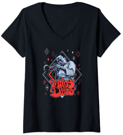 Damen Miles Davis Retro Rautenmuster T-Shirt mit V-Ausschnitt