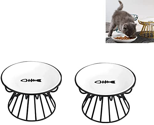 2PCS Elevated Cat Food Bowl, Whisker-Friendly Anti-Vomit Cat Plate, Cat Bowl-Raised Cat Feeder Bowl Stand,Ceramic Elevated Pet Dishes for Pet,Dishwasher Safe