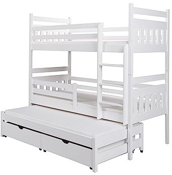 KEF Susi Etagenbett Kinder 90x180 cm - Etagenbett 3 Personen - Holz Kinderbett - für DREI Kinder - mit Schubladen - Ausziehbares Drittes Bett - ohne Matratze - Weiß
