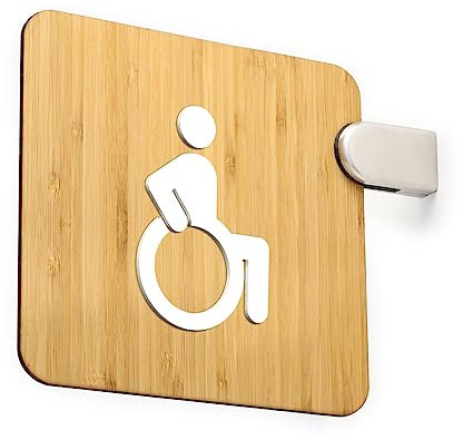 SIGNS - Panneau double face à drapeau, en relief salle de bains handicapés, restroom, toilettes, wc. Panneau en saillie pour couloir et environnements. (Classic Bamboo - handicapé)
