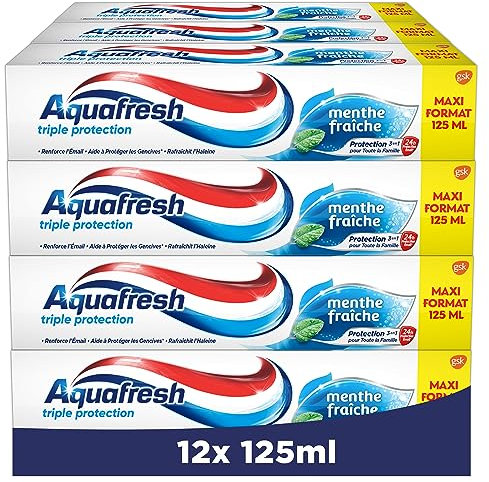 AQUAFRESH - Dentifrice Triple Protection Menthe Fraîche - Renforce L'émail - Aide à Protéger les Gencives - Rafraîchit l'Haleine - Adapté à Toute la Famille Dès 7 Ans - Lot de 12 x 125 ml