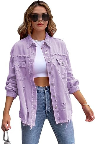 Pulcykp Women Rough Edges Holes Denim Jacket Spring Autumn Casual Lapel Jacket Denim Jackets Lilac XL