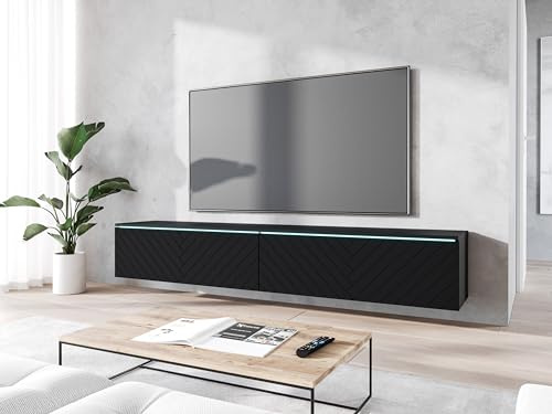 MINIO go for it - TV Schrank Donna Breite 180 cm Lowboard ohne LED | Stehend oder Hängend, Fernsehschrank für das Wohnzimmer, Melamine, Graphit Schwarz / Herringbone Muster