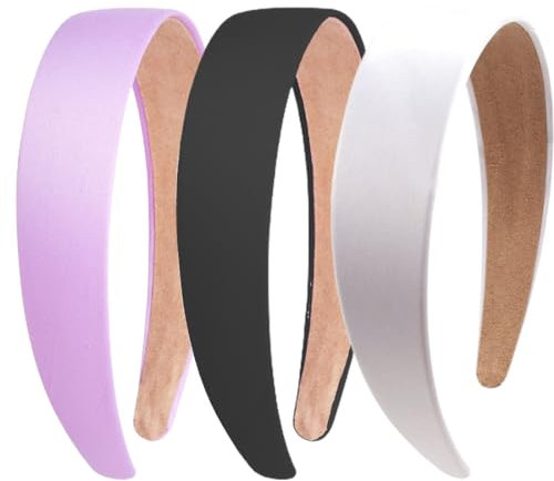 GNALIA 3 Pièces Satin Bandeaux Cheveux Headband Large Bandeau Serre Tête Pour Femme Et Fille(Noir Blanc Violet Lavande)