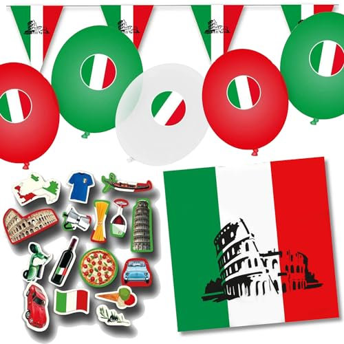 Deko-Set * ITALIEN * für Länderparty, Mottoparty und Event | 78 Teile mit Servietten + Konfetti + Wimpelkette + Luftballons | Party Deko Partydeko Fahne Flaggen (Italien)