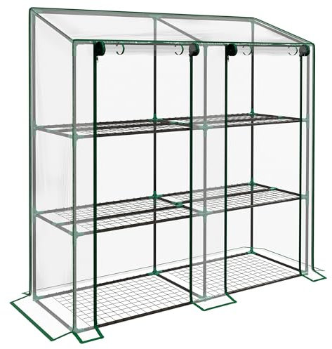 Outsunny Invernadero de Jardín de 3 Niveles Invernadero de Terraza con Estantes Techo Inclinado y 2 Puertas con Cremallera para Cultivo de Plantas en Patio 143x46x141/151 cm Transparente