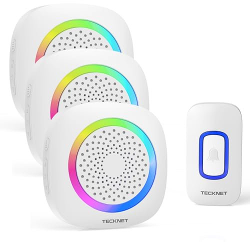 TECKNET Sonnette sans Fil Exterieur Etanche, IP66 Étanche Sonnette sans Fil avec Pile, 3 Récepteur avec Lumière RVB, 60 Mélodies et 5 Niveaux, Carillon sans Fil pour Maison, Hôtel, Urgence, Blanc