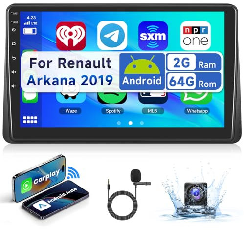 【2+64G】 Podofo Radio Coche 10'' para Renault Duster Arkana 2019 Inalámbrica Carplay Android Auto, Android 13 Radio 2 DIN con Bluetooth WiFi GPS HiFi RDS/FM + Cámara de Marcha Atrás AHD/DVR/Canbus