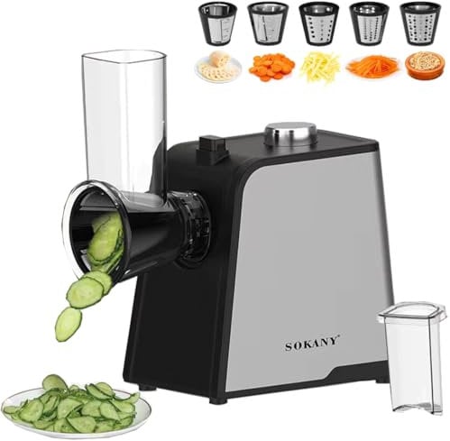SOKANY 1000W Râpe de cuisine électrique, Coupe-légumes électrique avec 5 Cônes en Acier Inoxydable, Hachoir multifonctionne découpe legumes facilment, fromage, carottes, chocolat (SK-06018)