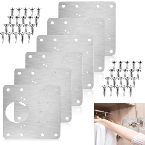 HSYTEK 6 Stück Scharniere Reparaturplatte, Scharnier Reparaturset, 9 x 9 cm Schrankscharnier-Klammern Reparaturplatten mit Loch 36 Stück Schrauben für Schränke, Möbel, Fenster, Schrankscharnier