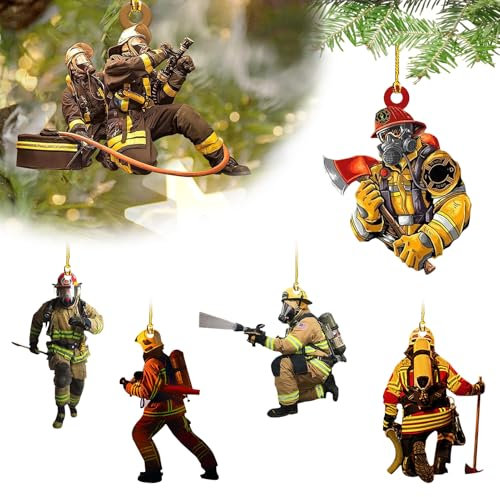 6 Stück Feuerwehrmann Weihnachten Deko, Feuerwehrmann Acryl Ornamente, Feuerwehrmann Hängende Ornamente, Weihnachtsdeko Feiertagsdekoration für Wandfenster, Baum, Auto-Rückspiegel-Zubehör (B)