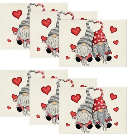 Artoid Mode Liebe Herz Gnom Valentinstag Platzsets 6er Set, 30x45cm Muttertag Urlaub Tischsets Waschbar Platzdeckchen Küche Party Deko