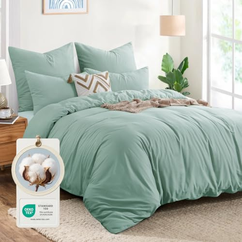 Aisbo Bettwäsche 200x200 Baumwolle Grün - 3-teiliges Set mit 1x Duvet Cover 200x200cm und 2x Kissenbezügen 80x80cm, Oeko-TEX-zertifiziert, atmungsaktiv und saugfähig, mit Reißverschluss