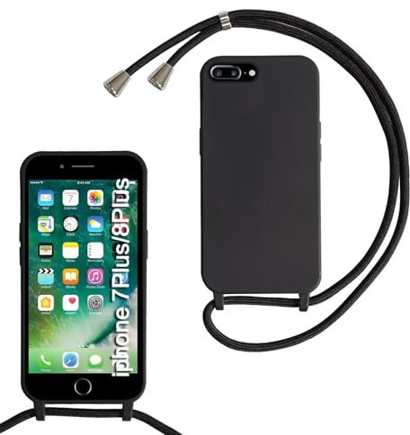 SLWYF Compatible with iPhone 6 Plus/iPhone 7/8 Plus Crossbody Lanyard Case, Liquid Silicone Protective Phone Case with Strap Adjustable Neck Cord Necklace Soft Cover for iPhone 6/7/8 Plus, Black