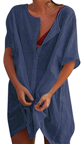 Svanco Women Beach Cover Up Cotton Swimsuit Coverup Long Beachwear Beach Dress with Buttons Shirt Dresses Bikinis Sarong Loose Blouse Oversized for Lady Navy Blue
