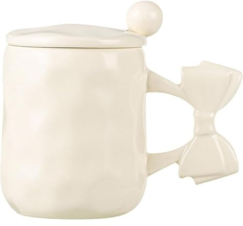 Huiyiwert Cute Coffee Mug 450 ml Large Coffee Cup with Lid and Spoon Cute Bow Handles Ceramic Mug Milk Mug Gift Idea for Women Girlfriend Colleague (Milk White)