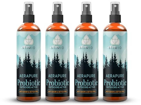 Vorratsset 4×100 ml – Stimio OUTDOOR Spray | Gerüche entfernen bei Camping, Wandern, Angeln, Zelten, Trekking | Probiotischer Enzymreiniger für Textilien & Ausrüstung