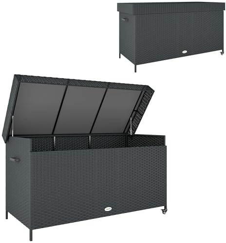 Outsunny 627 L Rattan Garden Storage Box, Gas Lift Lid, Wheels, Black
