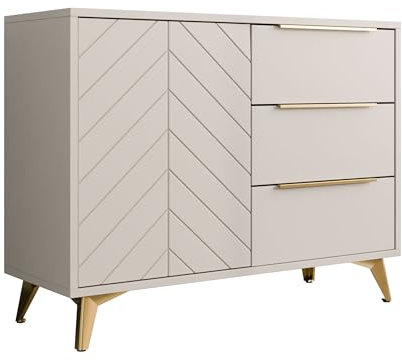 Mirjan24 Kommode Xylix 100 1D3SZ mit 3 Schubladen und Tür, geriffelte Fronten, goldene Griffe und Füße, Highboard, Anrichte, Sideboard, Mehrzweckschrank, Wohnzimmerschrank (Sandbeige)