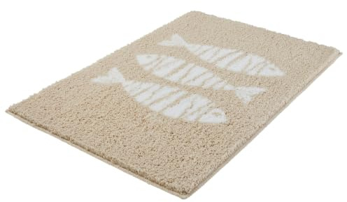 Kleine Wolke Badteppich Fish Sandbeige 65 x 115 cm | OEKO-TEX zertifiziert, rutschhemmende Unterseite, für Fußbodenheizung, maschinenwaschbar, 100% Polyester
