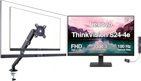 Lenovo ThinkVision 24 FHD IPS Monitor w/ 100 Hz Refresh Rate, VESA Mount | 4ms Response Time, Flicker Free, Anti-Glare, HDMI w/ DKZ USB Hub, Black (64B5KAT1UZ) & ErgoFlexy Single Mount Arm