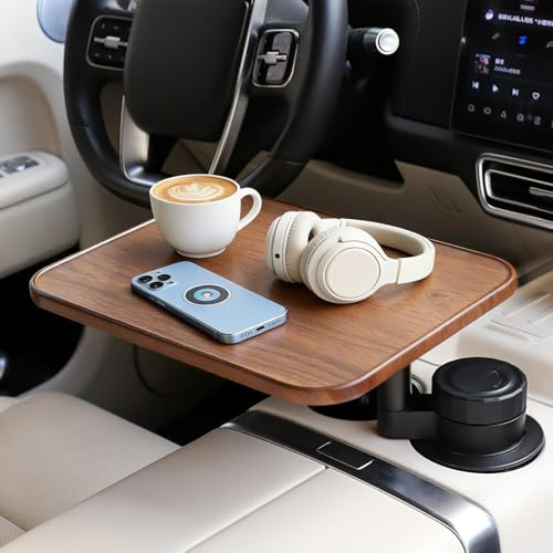 360° Rotating Wood Car Tray & Desk for Laptop - Steering Wheel Cup Holder Table, Car Accessories for Women & Men, Compatible with Tesla Model Y/3/S, Ford F150/Explorer/Maverick & Most Vehicles