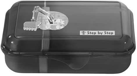 Step by Step Lunchbox „Bagger Rocco“ schwarz, mit Trennwand und Klickverschluss, spülmaschinenfest, BPA-frei, für Schule und Kindergarten, für Jungen und Mädchen, 0,9 Liter