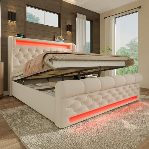 LINKHOO Polsterbett Doppelbett, Hydraulisches Stauraumbett mit LED-Leuchten,Stauraum-Kopfteil mit USB- und Typ-C-Anschlüssen(Ohne Matratze), Samt, 140x200cm, Beige