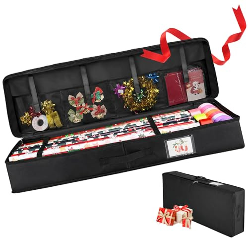 Spetsbst Geschenkpapier Aufbewahrung, Wasserdichte Geschenkpapier Schwarz | Weihnachten Organizer 600D Oxford Aufbewahrung Geschenkpapierrollen mit Fächern, Weihnachtspapier Organizer (100x35x15cm)