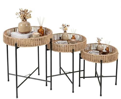 COSTWAY Beistelltisch rund 3er Set, Boho-Sofatisch, Couchtisch klein, Wohnzimmertisch, Nachttisch, Kleiner Tisch für Wohnzimmer, Schlafzimmer