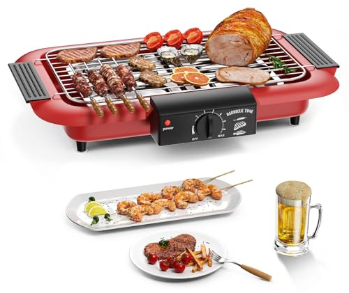Griglia elettrica da tavolo elettrica, barbecue elettrico, senza fumo, antiaderente per interni ed esterni, 2000 W, doppio tubo portatile, rimovibile, ad alte prestazioni (rosso classico)