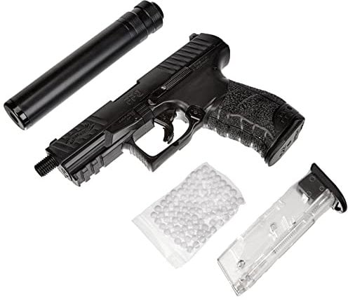 Walther Airsoft Pistole PPQ, Federdruck Waffe mit < 0,5 Joule, inkl. Schalldämpfer-Attrappe 100 x 6 mm BB Soft-Air Kugeln und zweitem Magazin