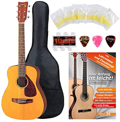 Yamaha JR-1 3/4 Westerngitarre im Set inkl. 5-teiligem Zubehörset (Dreadnought, Farbe: natur, inkl. Gig Bag, Schule, Stimmpfeife, Plektren und 1 Satz Saiten)