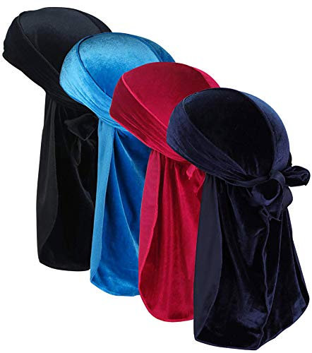JarseHera Samt-Durags für Herren, extra langer Schwanz, Wellen, Einheitsgröße, mehrere Farben (Schwarz, Marineblau, Rot, Königsblau), 4 Paar
