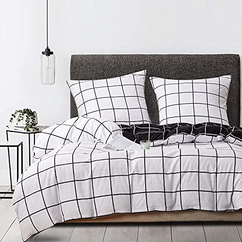 Luofanfei Bettwäsche Karo 135x200 cm 4teilig Weiß Schwarz Karierte Wendebettwäsche Set Modern Kariert Landhaus Bettbezug Microfaser Deckenbezug mit Reißverschluss und 2 Kissenbezüge 80x80cm