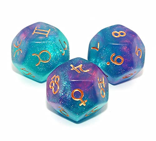 CREEBUY 3 Stück Astrologische Würfel für Sternbild Wahrsagung, 3 Farben D12 Glitzer Basteln Würfel Polyedralen-Set