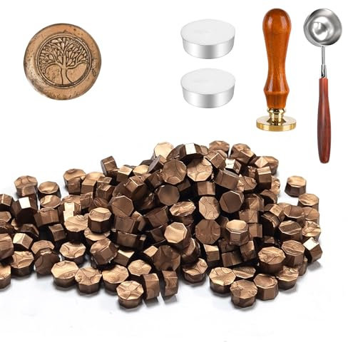 Wachssiegel Stempel Set, 200 Stück siegelwachs mit 1 Lebensbaum Siegelstempel, 1 Schmelzlöffel, 2 Teelichte, für Vintage Siegellack und Brief, Einladungen, Paket Geschenk (I)