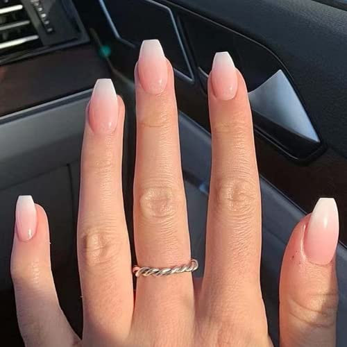KXAMELIE 24 Stück Eckig Nägel Zum Aufkleben Kurz, Beige French Künstliche Nägel, Trend Kunstnägel Press on Nails mit Nagelkleber, Square Fingernägel Fake Nails Kurz für Frauen (Lang Gradient pink)